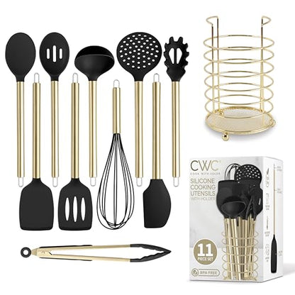 COOK WITH COLOR Silicone Cooking Utensils, Kitchen Utensil Set, Easy to Clean Silicone Kitchen Utensils, Cooking Utensils for Nonstick Cookware, Kitchen Gadgets Set with Holder, 10 Pieces