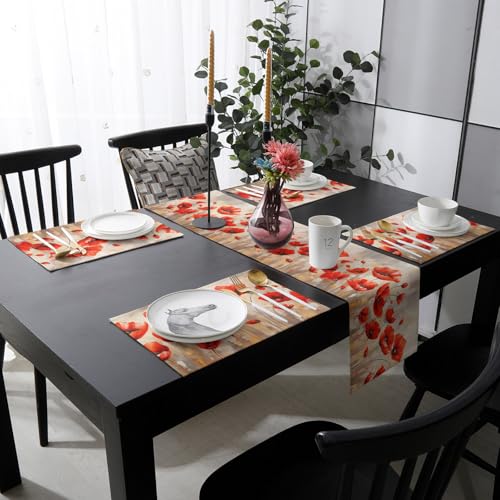 Table Runner and Placemats Set of 4 Red Flower Floral Decorative Dining Table Runner with Matching Placemats Branch Leaves Plant Nature Table Decor for Kitchen Dining Room and Everyday Use 13x90in - size: 13"x90"+4pcs