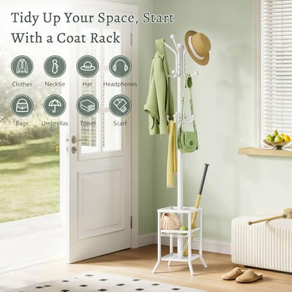 FAVOOSTY Coat Rack Freestanding,Coat Rack Stand with Umbrella Holder,Metal Coat Tree with 12 Hooks,Tree Clothes Hat for Entryway, Hallway, Bedroom, Living Room & Office -White - color: White