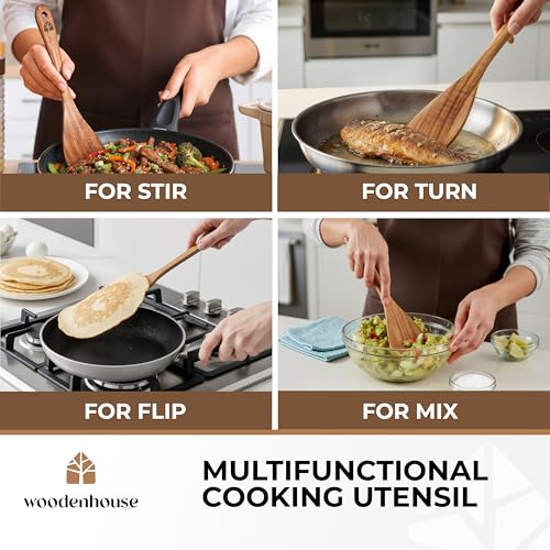Wooden Spatula for Cooking, 12" Flat Wooden Spoon & Scraper for Frying | Natural acacia hardwood turner, nonstick & cast iron safe, non toxic, long comfort grip handle, easy to clean
