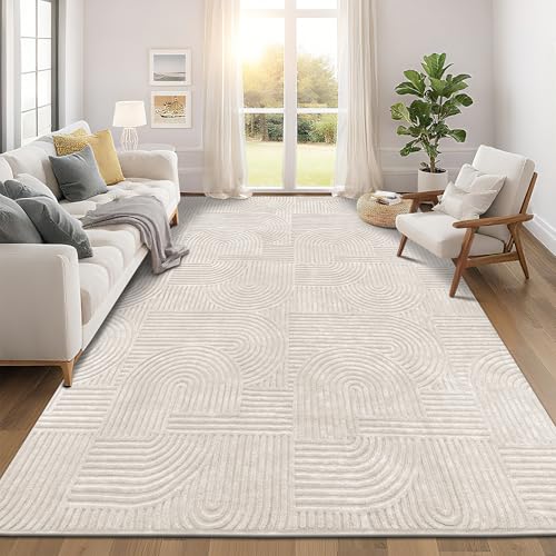 Pauwer 9x12 Area Rugs for Living Room, Modern Non Slip Washable Rug, Beige | Arch Pattern, Soft Fluffy, Neutral, Boho Accent, Solid Color Floor Carpet, For Kids Room Dining Room Nursery Entryway - color: Beige, size: 9' x 12' (Rectangular)