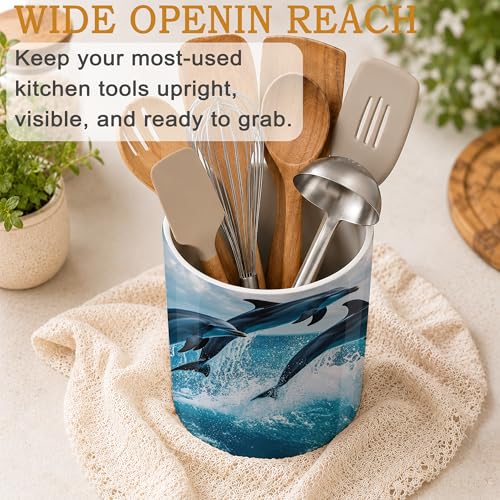 Utensil Holder for Countertop,Dolphins in Ocean Ceramic Utensil Crock Organizer for Home Kitchen Spoons,Spatulas and Cooking Tools - color: Dolphins in Ocean