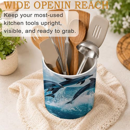 Utensil Holder for Countertop,Dolphins in Ocean Ceramic Utensil Crock Organizer for Home Kitchen Spoons,Spatulas and Cooking Tools - color: Dolphins in Ocean
