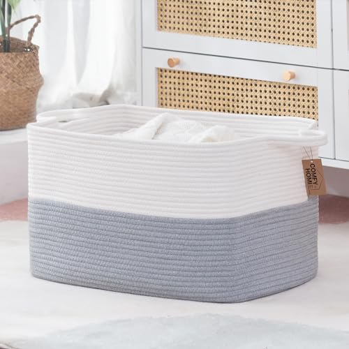 COMFY-HOMI Large Rectangular Blanket, Cotton Rope Woven for Storage, LaundryHamper, Storage,Toy Organizing Bin with Handle, Organizer and Storage-22x15x12- - color: White/Grey, size: 22''x15''x12''