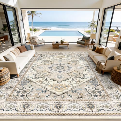 AooHHooA Washable 9x12 Boho Beige Area Rug for Living Room, Soft Stain Resistant Non-Slip 9x12 Boho Vintage Area Rugs, Large Low Pile Lightweight Area Rugs for Living Room Bedroom Dining Room - color: Beige, size: 9' x 12' (Rectangular)