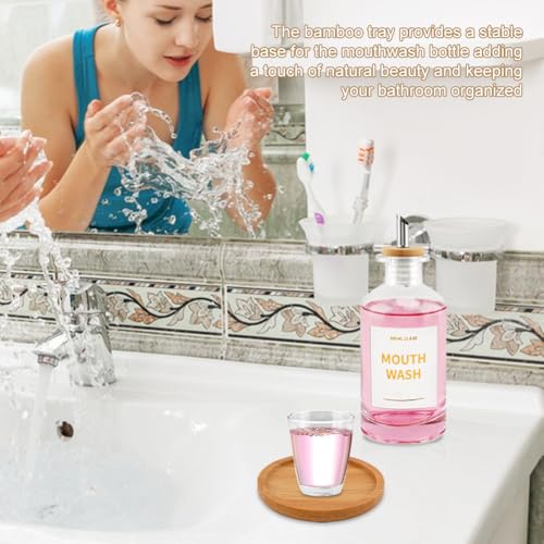 Glass Mouthwash Dispenser with Serving Tray and Funnel Set - Reusable Bottle for Mouthwash, Oil, Soap, or Vinegar with No-Drip Spout & Easy-Pour Design(Clear)