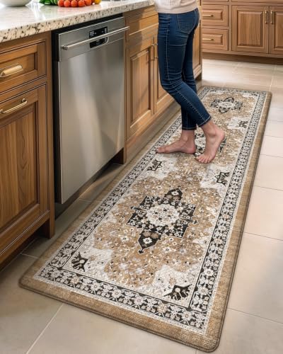 DEXI Kitchen Floor Mats Cushioned Anti Fatigue Runner Rug 23x86 Brown | Soft Comfort Memory Foam, Easy Care, Waterproof, Standing Padded for Front Sink Laundry Office Farmhouse - color: Brown/White, size: 86"L x 23"W x 0.4"Th