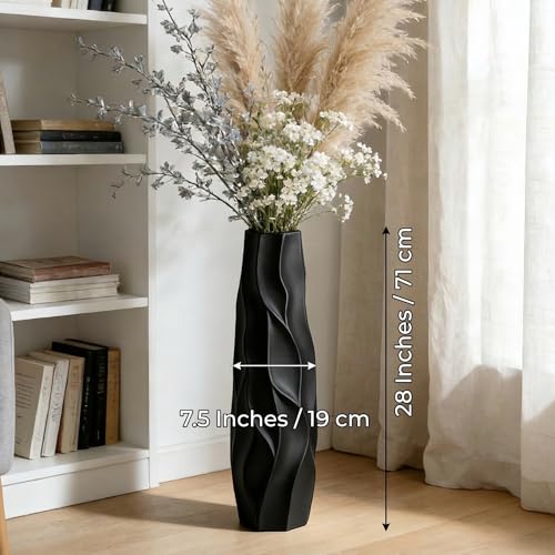 Black Tall Ceramic Floor Vase, 28 Inch, Pleated Wave Design | Matte Finish, Spacious Rooms, Statement Corners, Fireplace, Dried Branches - size: 28 Inch