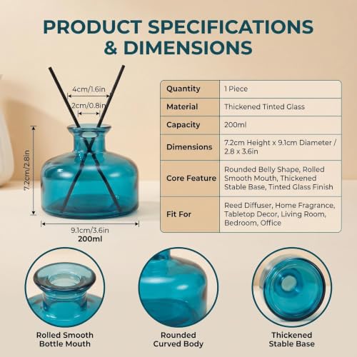200ml Blue Glass Reed Diffuser Bottle, Empty Refillable Aromatherapy Jar | Wide body for better fragrance dispersion Narrow neck fits most standard reed sticks - color: Blue