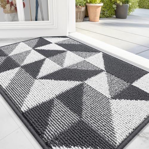 OLANLY Door Mat Indoor Entrance Washable 32x20, Odor-Free Low-Profile Front Back Geometric Doormat, Absorbent Resist Dirt Entry Carpet, Easy to Clean Sturdy Inside Floor Mats for Entryway, Dark Grey - color: Dark Grey, size: 32" x 20"