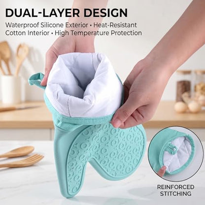 Silicone Oven Mitts 2-Pack, 13.5" Heat Resistant 500F, Non-Slip BPA-Free with Soft Cotton Lining, Kitchen Gloves for Baking, Cooking, BBQ & Grilling（Blue） - color: Green