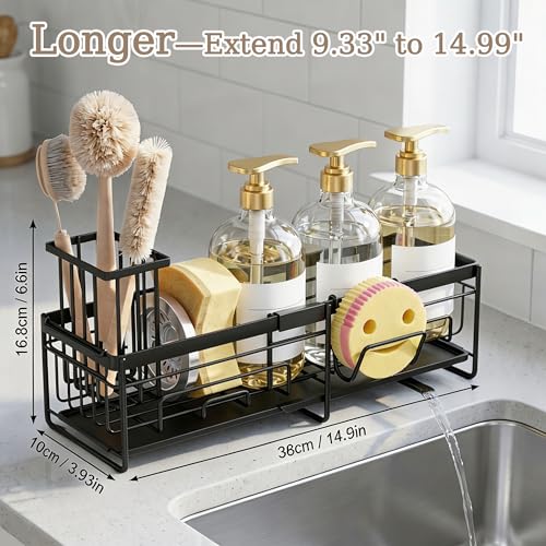 spospo Extendable Sponge Holder for Kitchen Sink Extra Large Sink Caddy | Adjustable Length Sink Caddy Organizer with High Brush Holder, Self-Draining Countertop Organizer