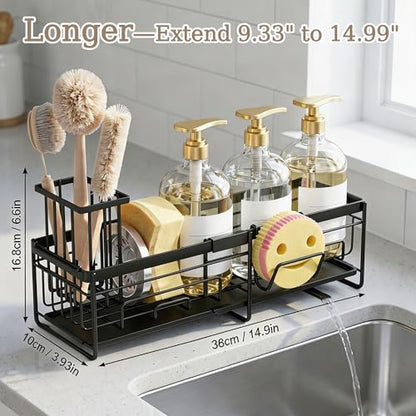 spospo Extendable Sponge Holder for Kitchen Sink Extra Large Sink Caddy | Adjustable Length Sink Caddy Organizer with High Brush Holder, Self-Draining Countertop Organizer
