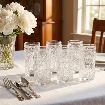 Bekith 6 Pack Romantic Drinking Glasses, 12 oz Highball Glasses, Thick Water Glasses, Tall Glass Cups for Beverages, Beer, Cocktail, Vintage Glassware Set for Dinner Parties, Bars, Restaurants
