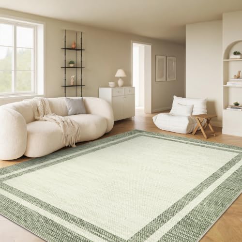 Garvee Area Rugs 9x12 Living Room Washable Rug Neutral Border Rugs，Green | Bedroom Large Rug Stain Resistant Low Pile Non Slip Non Shedding Throw Rugs for Dining Room Nursery Apartment - color: Modern Border - Green, size: 9' x 12' (Rectangular)