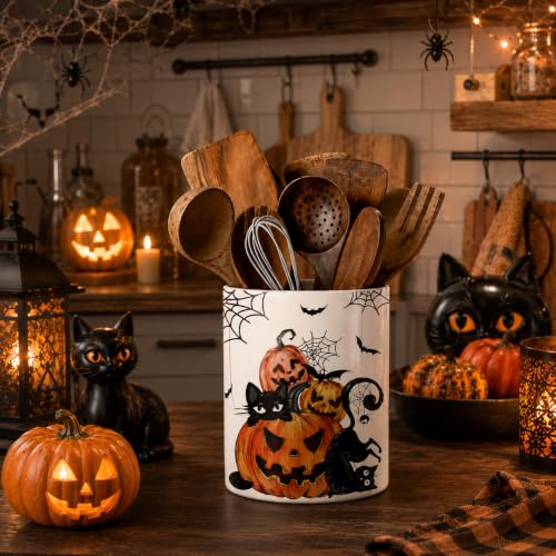 Halloween Utensil Holder, Spooky Ceramic Kitchen Utensil Holder, Utensil Crock for Home Kitchen Countertop Storage Organizer Container, Large Holder for Spatulas, Spoons, Kitchen Counter Decor, 6"