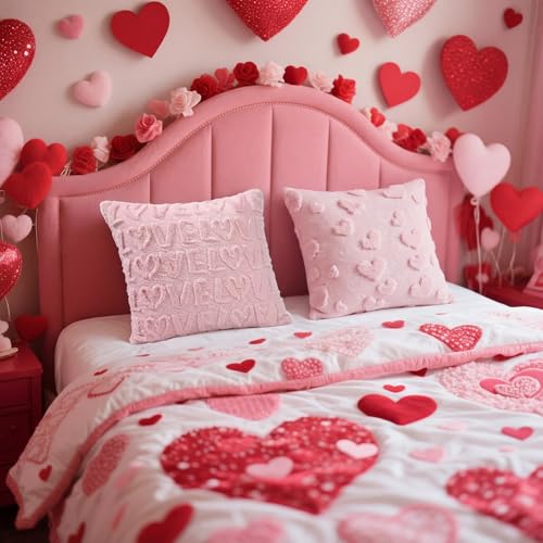 Tiamon 4 Pcs Valentines Throw Pillow Covers 18 x 18 Inch 3D Embroidered Plush Pink Red Hearts Pillow Cases Valentine's Day Love Fluffy Faux Fur Cushion Covers for Sofa Couch Wedding Anniversary Party - style: Valentines