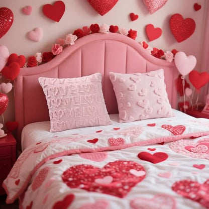 Tiamon 4 Pcs Valentines Throw Pillow Covers 18 x 18 Inch 3D Embroidered Plush Pink Red Hearts Pillow Cases Valentine's Day Love Fluffy Faux Fur Cushion Covers for Sofa Couch Wedding Anniversary Party - style: Valentines