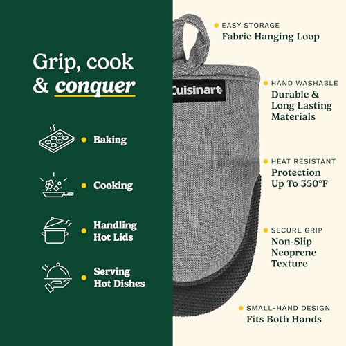 Cuisinart Mini Oven Mitts, 2-Pack, Neoprene Grip, Heat Resistant 350F | Cotton-lined, non-slip neoprene palm, ambidextrous design, ideal for smaller hands and everyday cooking - color: Black