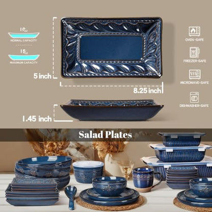 Appetizer Plates Set of 4, 8.25" Embossed Ceramic Rectangular Dessert Plates, Deep Lipped Edges, Microwave & Dishwasher Safe, Salad Sushi Snack Serving Plates (Blue, Willow Leaf) - color: Blue (Willow Leaf), size: 8.25 inch