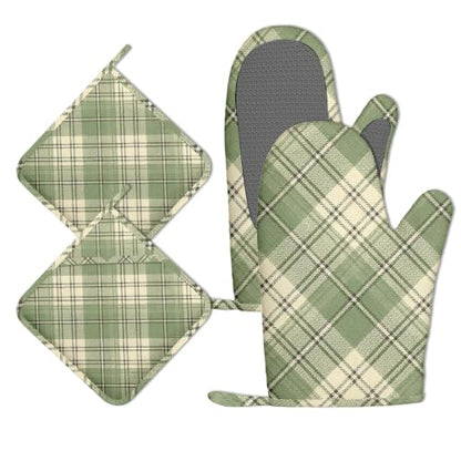 Green Plaid Oven Mitts and Pot Holders Set of 4, Heat Resistant Non Slip Kitchen Gloves Hot Pads, Chef Cooking Baking Gifts for Women Bakers, Kitchen Gifts for Cooking Lover Cooks Mom - color: Green Plaid