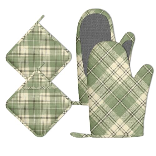 Green Plaid Oven Mitts and Pot Holders Set of 4, Heat Resistant Non Slip Kitchen Gloves Hot Pads, Chef Cooking Baking Gifts for Women Bakers, Kitchen Gifts for Cooking Lover Cooks Mom - color: Green Plaid