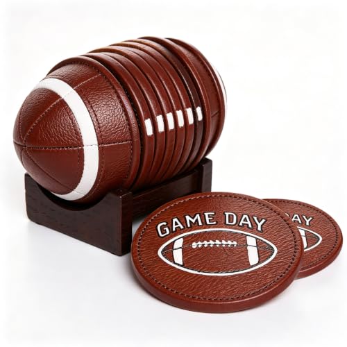 Football Coasters - 6 Full-Size Gridiron Rustic American Football Coasters | Non-Slip for Log Cabin, Man Cave, Bar & Farmhouse Decor | Protect Furniture - style: Football