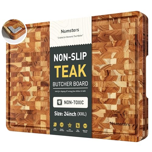 Teak Wood Extra Large End Grain Cutting Board for Kitchen with Non-slip Feet, Heavy Duty Checkered Cutting Board with Juice Groove & Handle Handcrafted Luxury Chopping Board for Meat, Vegetables - size: 24"L x 18"W