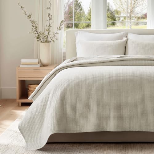 100% Cotton Modern Grid Stitch Quilt Set, Queen Size, Birch | Pre-Washed Cotton Coverlet Bedspread, Oversized Lightweight 3-Piece Bedding Set for All Season, with 2 Pillow Shams - color: Birch, size: Full/Queen (96" X 94")