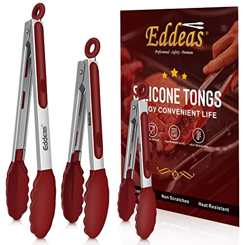 EDDEAS Tongs For Cooking - 7",9" and 12 inch Kitchen Tong with Silicone Tip,Heat Resistant 600 Degrees Metal Locking Tongs - for cooking,Salad and Barbecue,Red Set of 3 - color: Deep Red 3Pcs, size: 7+9+12 inch