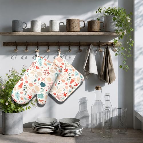 Cartoon Starfish and Shells Oven Mitts and Pot Holders Sets Silicone Kitchen Mitts Potholders Heat Resistant Oven Gloves Hot Pads for Kitchen Baking Cooking BBQ - color: Cartoon Starfish and Shells