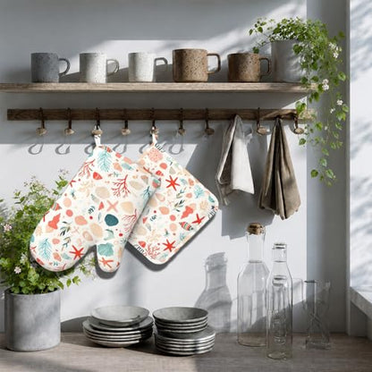 Cartoon Starfish and Shells Oven Mitts and Pot Holders Sets Silicone Kitchen Mitts Potholders Heat Resistant Oven Gloves Hot Pads for Kitchen Baking Cooking BBQ - color: Cartoon Starfish and Shells