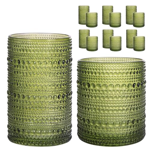 Moretoes Vintage Hobnail Drinking Glasses Set of 12,Green Water Glass Cups | Mixed Glassware Set, 6pcs 12oz Highballs and 6pcs 10oz Old Fashioned Glasses, Great for Cocktail, Whisky and Other Beverages - color: Green, size: 12pcs