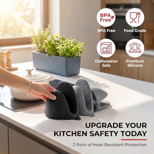 Silicone Kitchen Oven Mitts Set, Mini Finger Protector Cooking Pinch Grips Pot Holder Toaster Oven Accessories,BBQ Baking Mittens Heat Resistant Gloves, 2 Pairs（Black and Cool Gray） - color: Black and Cool Gray