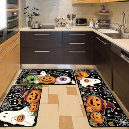 Halloween Kitchen Mats, Boo Pumpkin Ghost Kitchen Rugs | Set of 3, Non-Slip, Spooky Black Cat, Absorbent, Floor Mat for Halloween Holiday Indoor Outdoor Home Decor, 16x28, 16x47 Inch