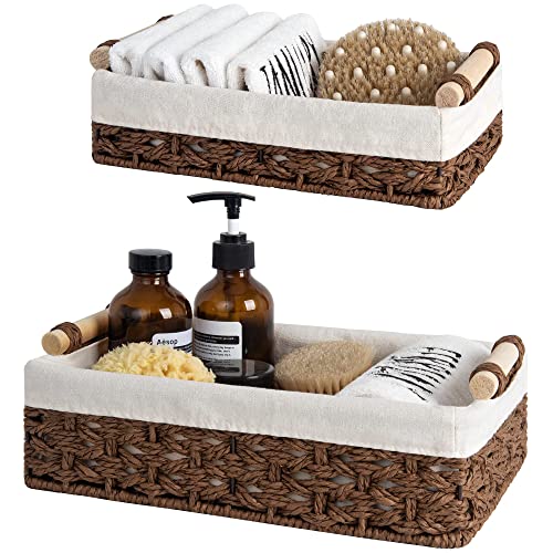 StorageWorks Small Baskets for Organizing, Decorative Storage Baskets for Bathroom with Liner, Basket for Toilet Tank Top, Brown, Set of 2 - color: Brown, size: 12"L x 7¾"W x 3¼"H + 10¼"L x 6"W x 2¼"H