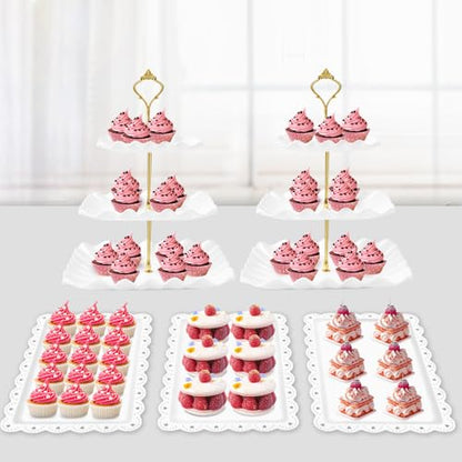 5 Pcs Dessert Table Display Set- 3 Tier Cupcake Stand & Serving Tray | Cake Stands for Tea Party, Birthday, Baby Shower, Bridal Shower Decorations, Thicker Food-Graded Plastic, Metal Rod, Reusable