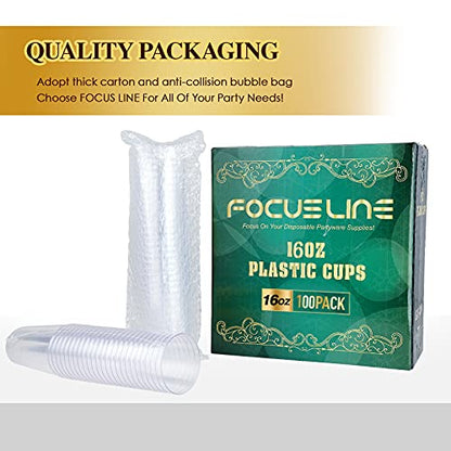 FOCUSLINE 100 Pack 16 oz Clear Plastic Cups, Disposable Cups Large Reusable Plastic Tumblers, Heavy-duty Clear Hard Cups 16 Ounce for Wedding Party, Thanksgiving, Halloween, Christmas - color: 16 oz Clear