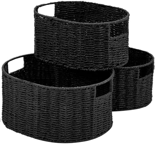 Wicker Basket, Set of 3 Round Storage Baskets for Organizing, Woven Paper Rope Wicker Storage Basket with Handles, Black Cube Storage Organizer Bins Baskets for Shelves & Decor, Black - color: Black