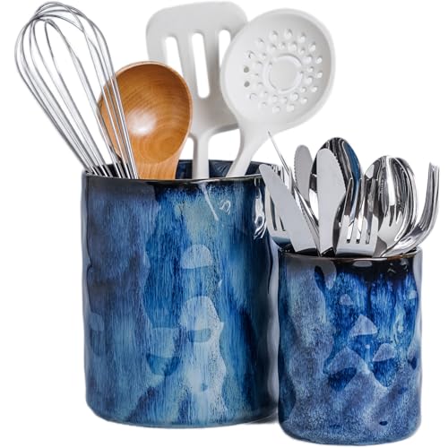Utensil Holder, 7.25"+5.25" Ceramic Kitchen Utensil Holder for Countertop, Large Cooking Utensil Crocks Gift for Mother's Day, Home Kitchen Decor, Parties,Set of 2, Royal Blue - color: Royal Blue