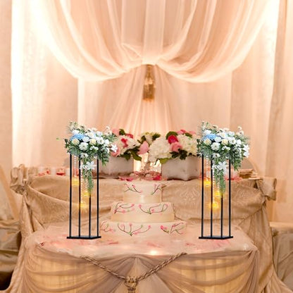 Rectangular Metal Wedding Flower Stand Vase with Hanging Glass Globe Terrarium Tealight Candle Holder, Multifunctional Geometric Column Frame Centerpiece (Black, 2 Pcs 25.2'')