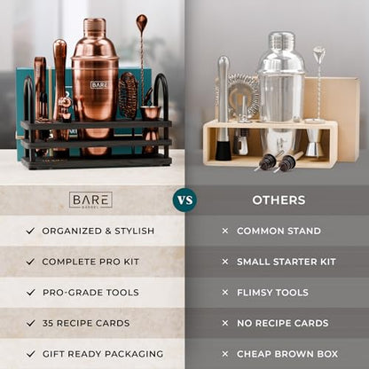 BARE BARREL® Mixology Bartender Kit Bar Set | 14-Piece Cocktail Shaker Set | Martini Barware Mixing Tools for Home Bartending | 35 Recipe Cards | Gift Set (24oz Cobbler Shaker, Copper/Black) - color: Copper/Black
