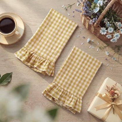 HunnmingRe Yellow Kitchen Towels Set of 2, 100% Cotton Ruffled Gingham Dish Towels 18"x28" Tea Cloths Classic Plaid Pattern for Farmhouse Charm, Drying Dishes, Entertaining Guests - color: Yellow, style: Gingham