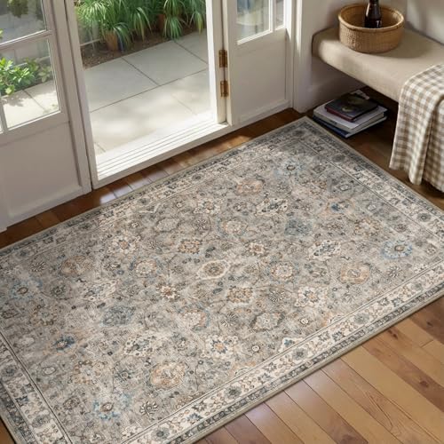 Tangsoo 2x4 Washable Runner Rug for Entryway,Vintage Beige Floral Entry Rug | Boho Small Throw Rugs Non Slip,Front Door Mat Indoor Entrance,Soft Low Pile Farmhouse Grey Rug for Kitchen Bedroom Foyer - color: Distressed Beige Grey, size: 2' X 4' (Rectangul