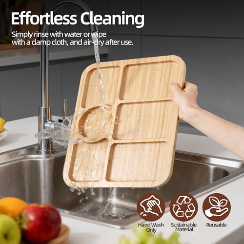 WILLKOMMEN Charcuterie Board with Lid- 6 Section Rectangular Serving Tray with Carry Handle & Locking Lid, Portable Bamboo Serving Platter, Food Trays for Party Picnic Cheese Snack - style: 6 Compartments-Rectangle