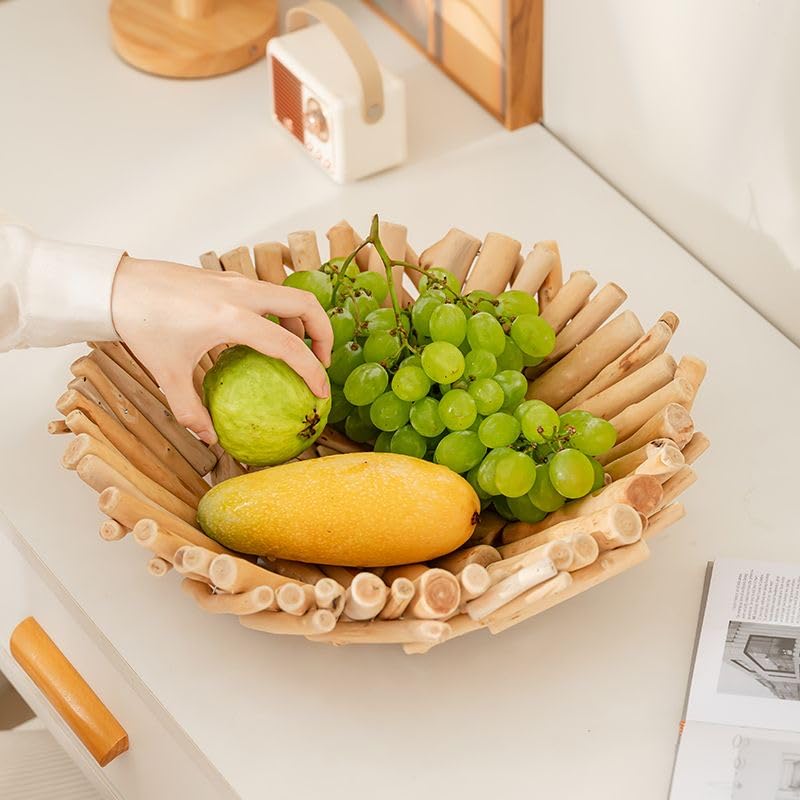 RISEON Natural Handmade Rustic Wooden Bowl, Decorative Driftwood Bowl, Natural Wood Centerpiece Driftwood Tray Basket Home Decor, 14.17 x 14.17 inches