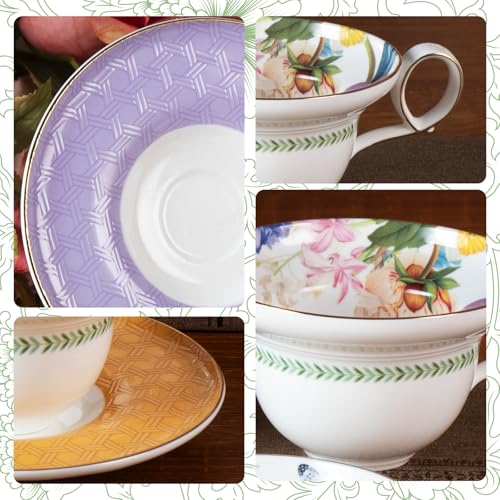KAMMAK Tea Cups Set of 2,Ceramic Floral Pattern Demitasse Cup | Porcelain Espresso Cup with Saucer, 5.92 oz Handmade Elegant Bone China Tea Cups for Latte, Americano, Cappuccino - color: Vine (B.Purple+C.Yellow)
