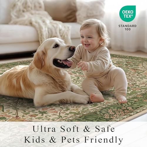 4ft Round Washable Area Rug Non-Slip Carpet for Bedroom Pink Green - color: Pink Green (Larger Pattern), size: 4' (Round)