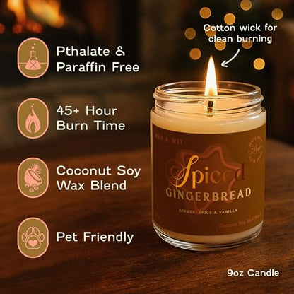 Wax & Wit Christmas Candles Scented – Vanilla, Ginger, Spice – Fall Candle, Perfect Holiday, Winter, Xmas, Autumn Gifts – 9oz, Soy Wax, 50 Hour Burn - color: Spiced Gingerbread