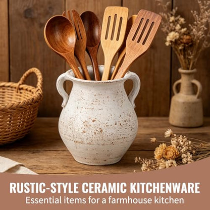 Rustic Ceramic Utensil Holder - 6.69 Inch Farmhouse Utensil Crock with Handles, Distressed Speckled Crock, Large Spatula Organizer for Cooking Tools, Kitchen Decor & Gift